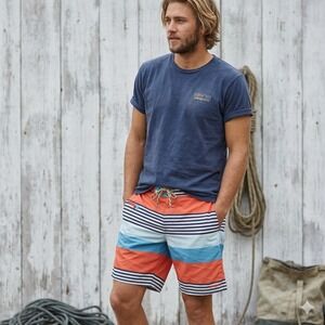 Patagonia‎ Wavefarer Board Shorts Mens 32 Green Blue Stripe Swim Beach Outdoors
